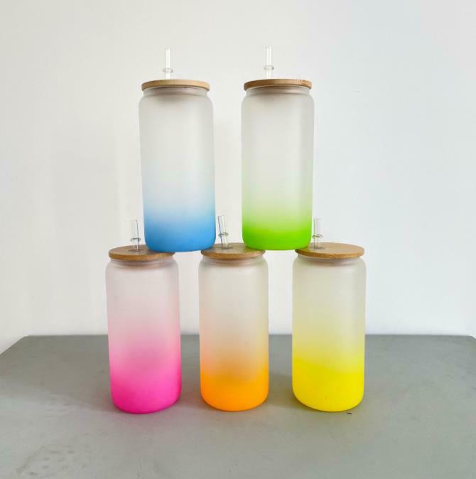 

16oz 25oz Sublimation Blanks Mug Jar Wide Mouth Glass Cups Tumbler Cans Beer Coffee Water Bottle Frosted Gradient Color Glasses With Bamboo, Fuchsia