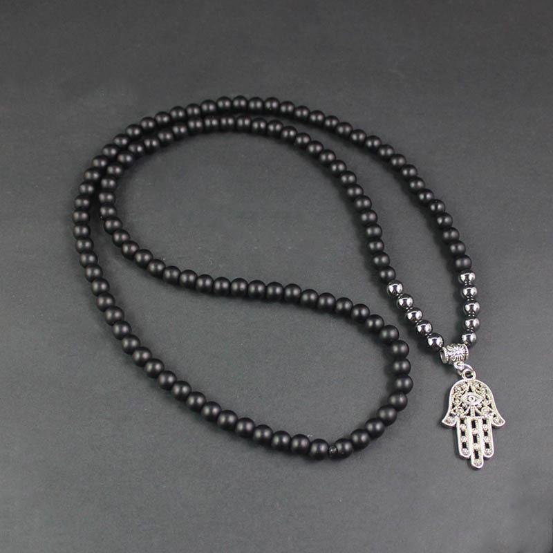 

Pendant Necklaces Boho Natural Black Matte Agate Stone Necklace With Tree Of Life Palm Gemstone Chain For Women Men Yoga JewelryPendant
