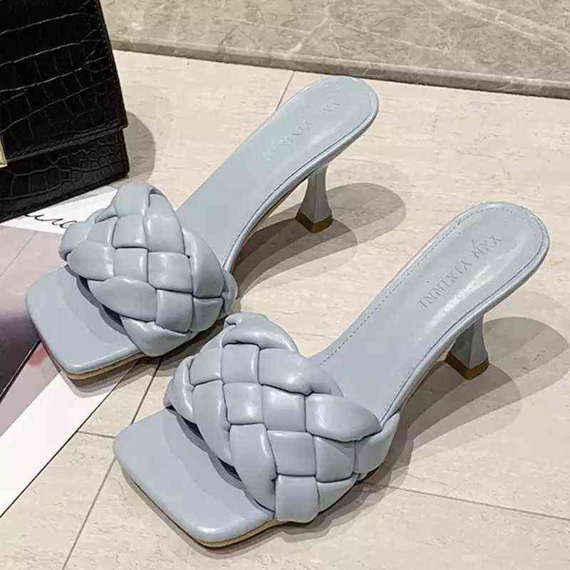 

High Heeled Slippers Summer Ins Korean Woven Belt One Line Temperament Thin Cool Women, Black