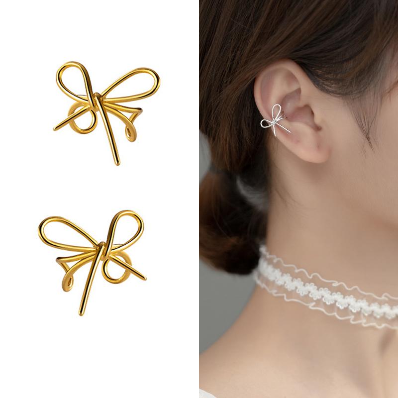 

Clip-on & Screw Back CAN12 Real 925 Sterling Silver Hollow Bowknot Ear Cuff Wraps Non-Pierced Cartilage Earrings For Women Hypoallergenic Je