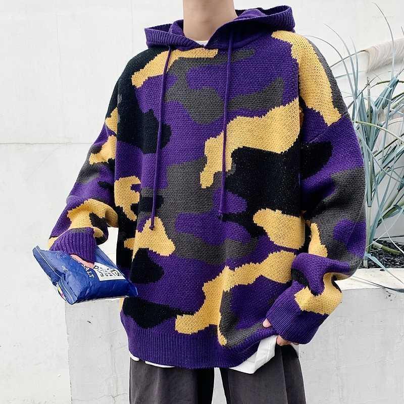 

Men's Sweaters Autumn Hooded Camo Sweater Fashion Style Casual Knit Pullover Man Streetwear Wild Loose Couple Mari22, Black