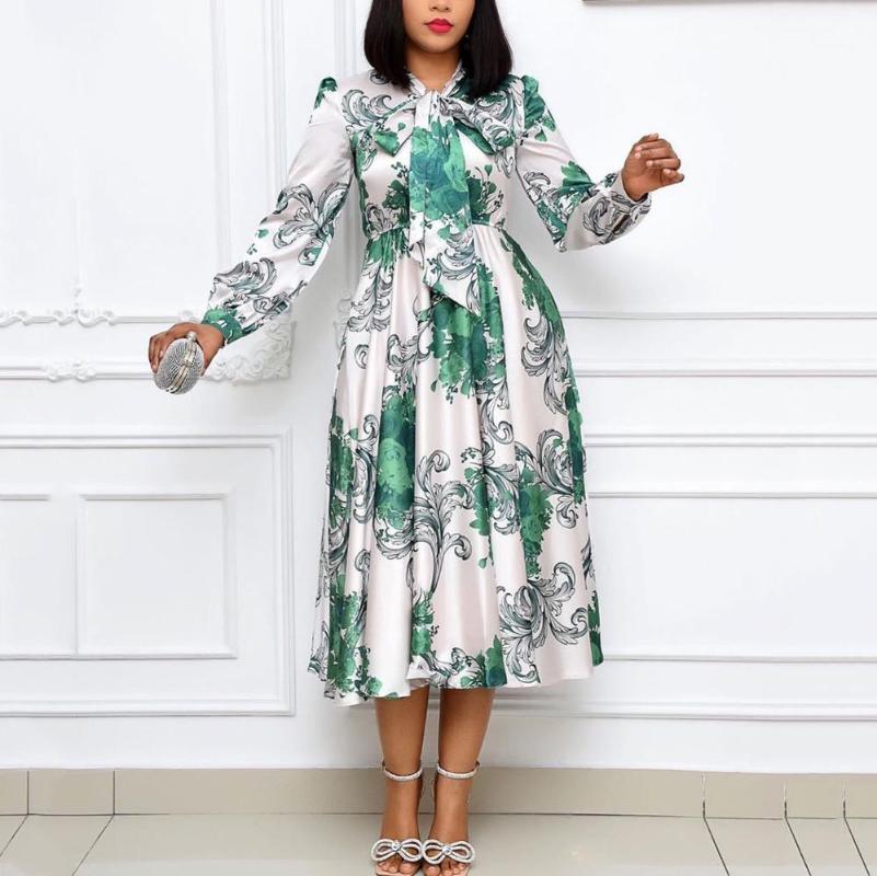 Business Dress For Women Office Long Sleeve White Floral Print A Line Pleated High Waist Mid Calf Elegant Formal Cloth Work Wear Casual Dres