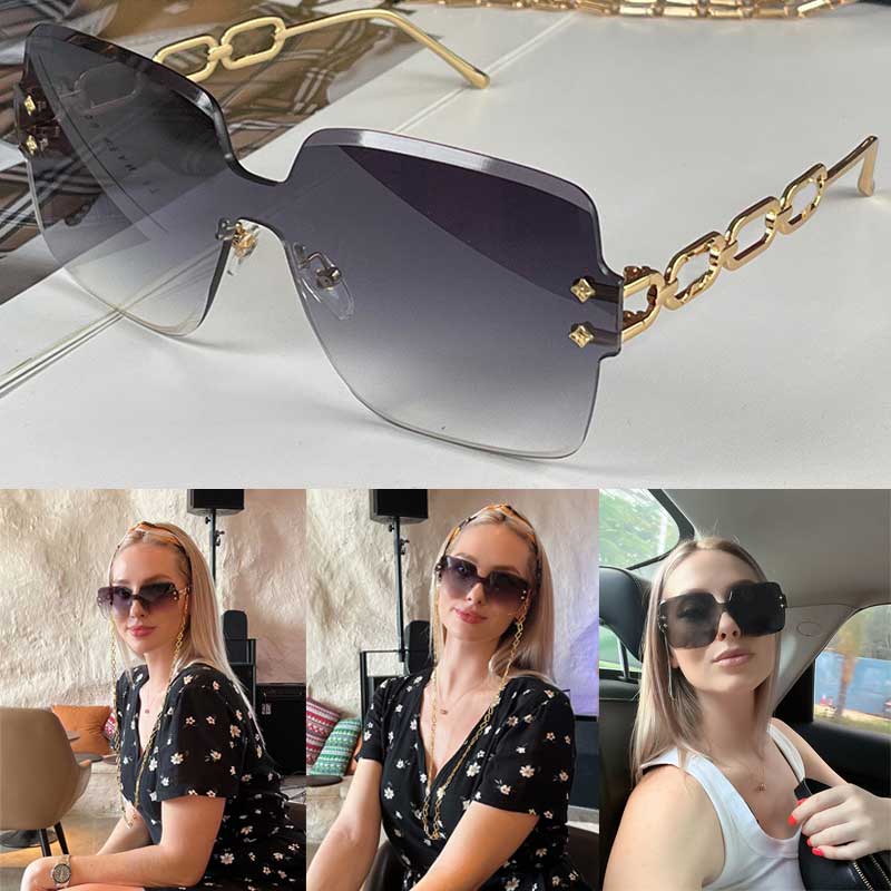 

Jewel Cat Eye Sunglasses Exquisite Rimless Lens Chain Effect Temples Unique Look Men Women Personality Casual Sunglasses Z1631