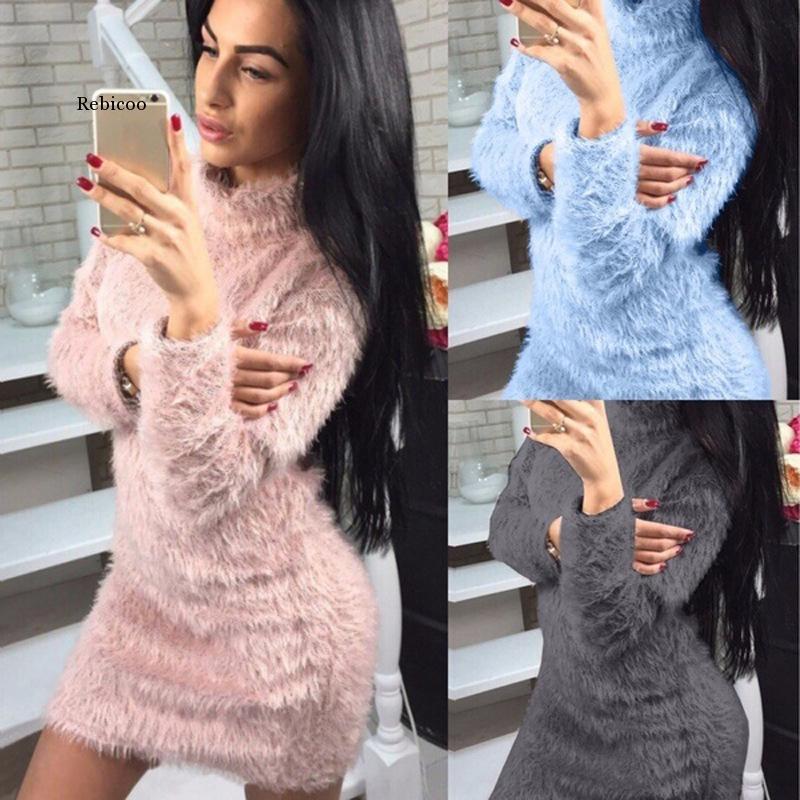

Casual Dresses Women Plush Bodycon Dress Round Neck Long Sleeve Gray Autumn Winter Sheath Office Lady Solid Midi Pullovers, Black;gray