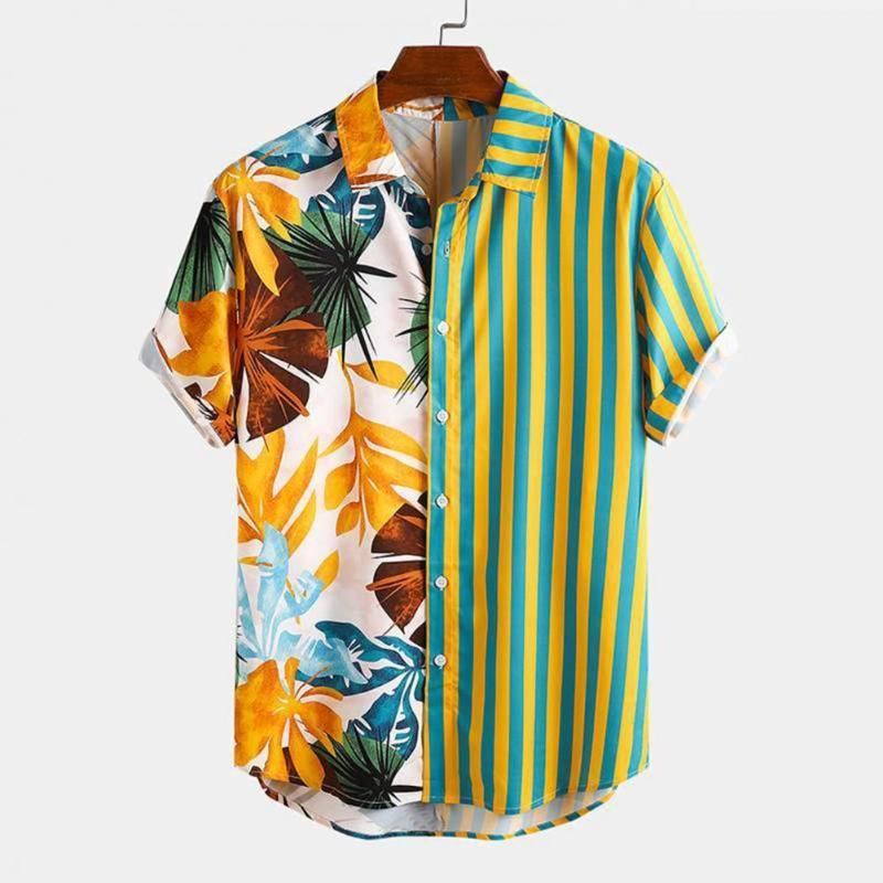 

Men's Casual Shirts Fashion Men Hawaiian Shirt Short Sleeve Streetwear Print Striped Patchwork Summer Chic Blouse 2022 Beach Camisas Plus Si, Red