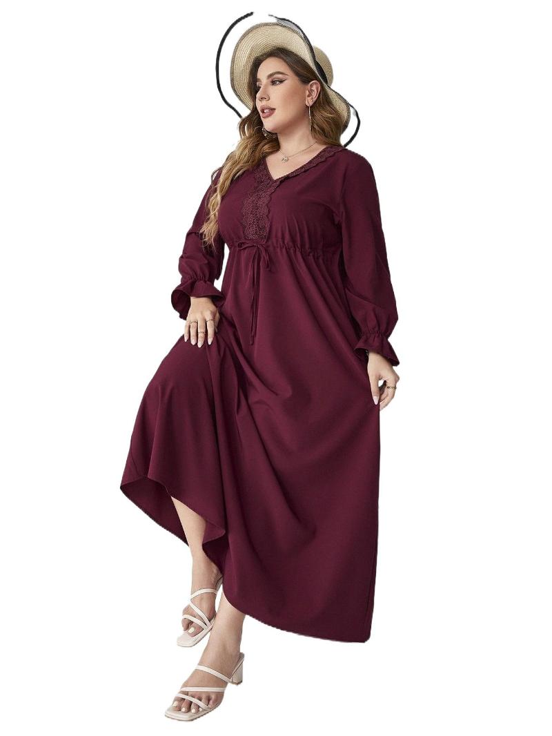 

Plus Size Dresses Flounce Sleeve Drawstring Waist Contrast Lace Dress D0YA#Plus, Burgundy