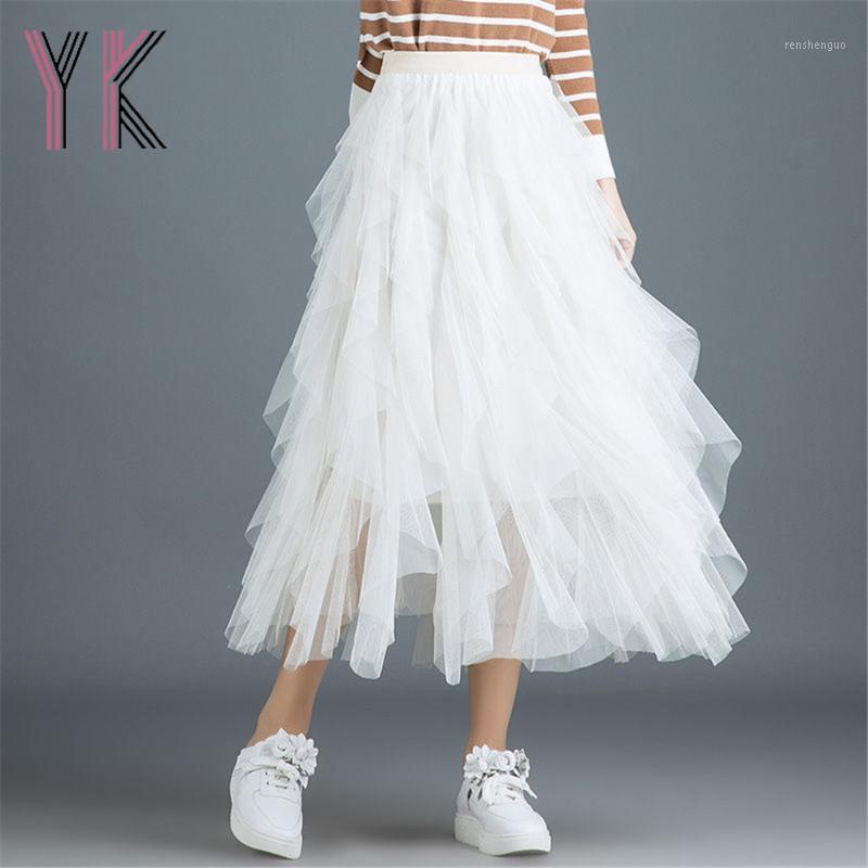 

Skirts Irregular Pleated Mesh Elastic High Waist Long Summer Korean Women Loose Tutu Tulle Midi Skirt Aesthetic Sweet Fairy Saia, Blue