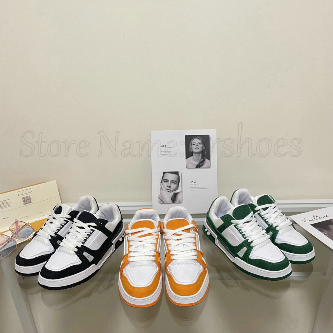 

2022 Luxury Retro Trainer Basketball Shoe Men Womens Designer Denim Monograms Sports Shoes Fashion Unisex Black Orange Green Leather Running Skate Shoes, Color 1