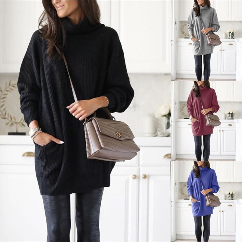 

Women' Sweaters Fall/winter 2022 Selling Explosions Loose Turtleneck Pocket Knitted Medium-length SweaterWomen, Black