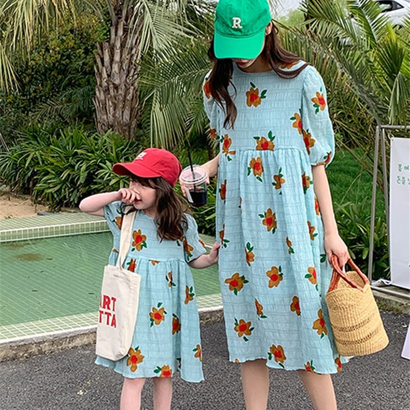 

Parent child Dress Mother and Daughter Summer Little Girl Fresh Princess Korean Cotton 220614, Blue