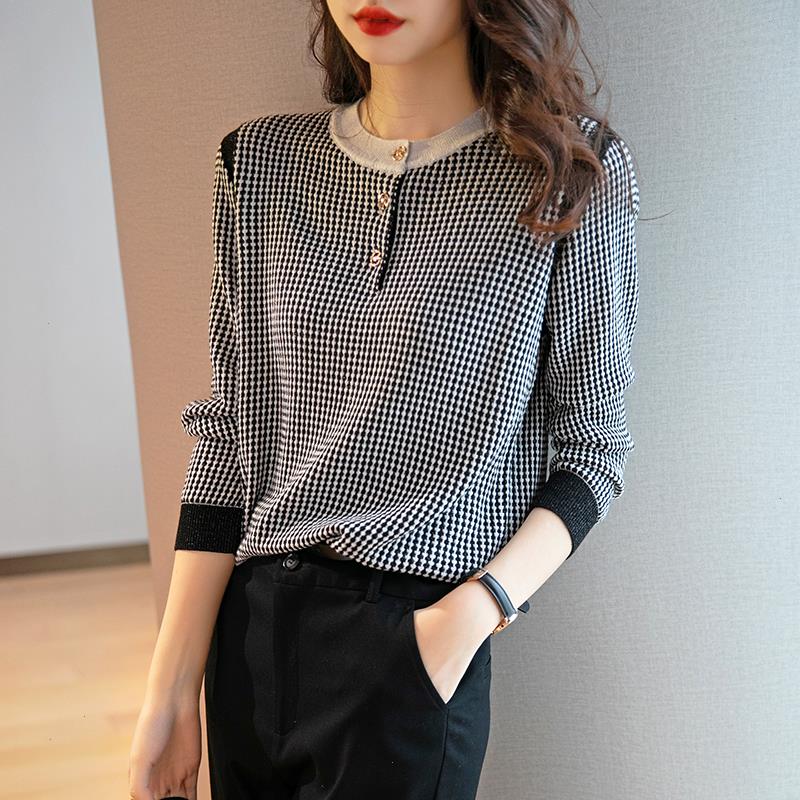 

Black White Plaid Knitted Sweaters Basic Shirts Japan Style Sweet Girls Chic Women Autumn Spring Casual Pullover Sweater, Black as picture