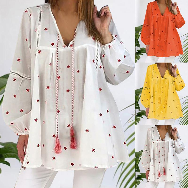 

Women's Blouses & Shirts Fashion Stars Print Blouse Autumn Loose Lace Up V-Neck Tops Female Women Long Sleeve Shirt Blusas Femininas Clothin, Red
