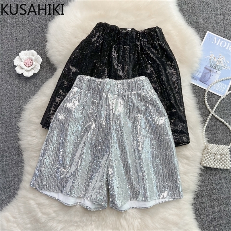 

KUSHAIKI Elastic Waist Sequins Shorts Women Autumn Fashion Elegant Bottoms Causal Korean Wide Leg Short Feminimos 6N025 220419, Black