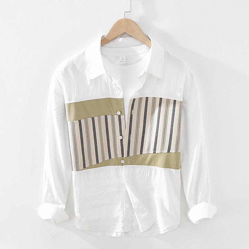 

Men's Casual Shirts Men Spring Fashion Japan Trendy Asymmetrical Stripe Patchwork Loose Long Sleeve Lapel Teens Simple Daily WearMen's, 2923 white