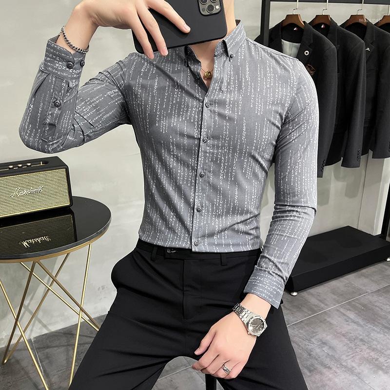 

Men's Casual Shirts OIMG Autumn And Winter Long-sleeved Shirts, Flower Korean Style Slim Letters Printed, White