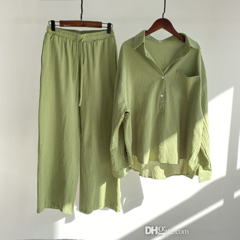 Retail Plus Size S-5XL Womens 2 Piece Pants Set 2022 Autumn Cotton Linen Shirt High Waist Slacks Loose Wide Leg Trousers