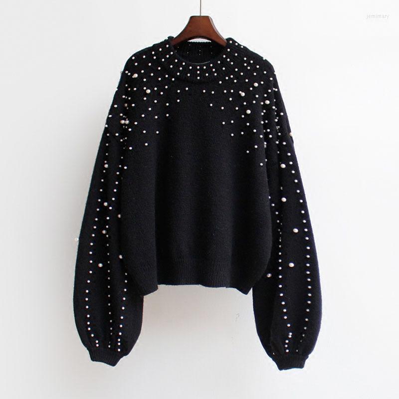 

Women' Sweaters European Lantern Sleeve Rib Knit Round Neck Loose Sweater Women Pearl Beaded Knitwear High Quality Pullover Grey Black Jemi