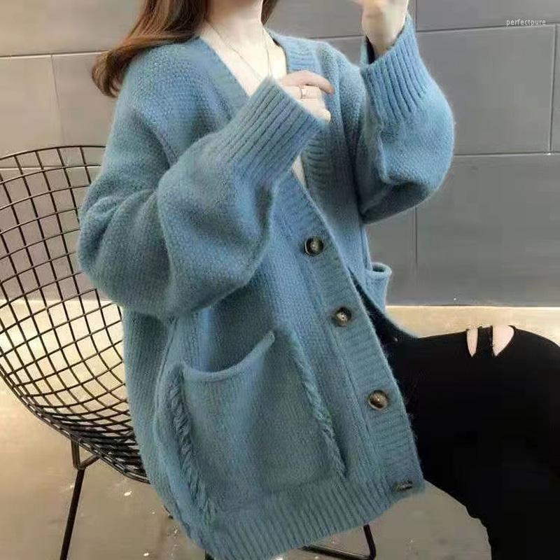 

Women' Knits & Tees Autumn Knitted Sweater Cardigan 2022 V-neck Long-sleeved Pocket Top Loose Korean Version Solid Color Coat Women Perf22, Red