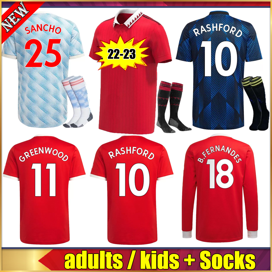 

top + men suit / kids kit + Socks 21 22 23 SANCHO Soccer Jerseys B. FERNANDES RASHFORD SHAW POGBA CAVANI MARTIAL 2021 2022 full man GREENWOOD Long sleeve football shirts, 21/22 home + ucl