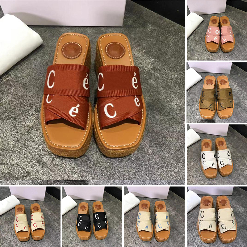 

Women Designer Sandals Woody Espadrille Platform Wedge Mules Canvas Slides Slippers Thong Slingback Square Toe for women, Box