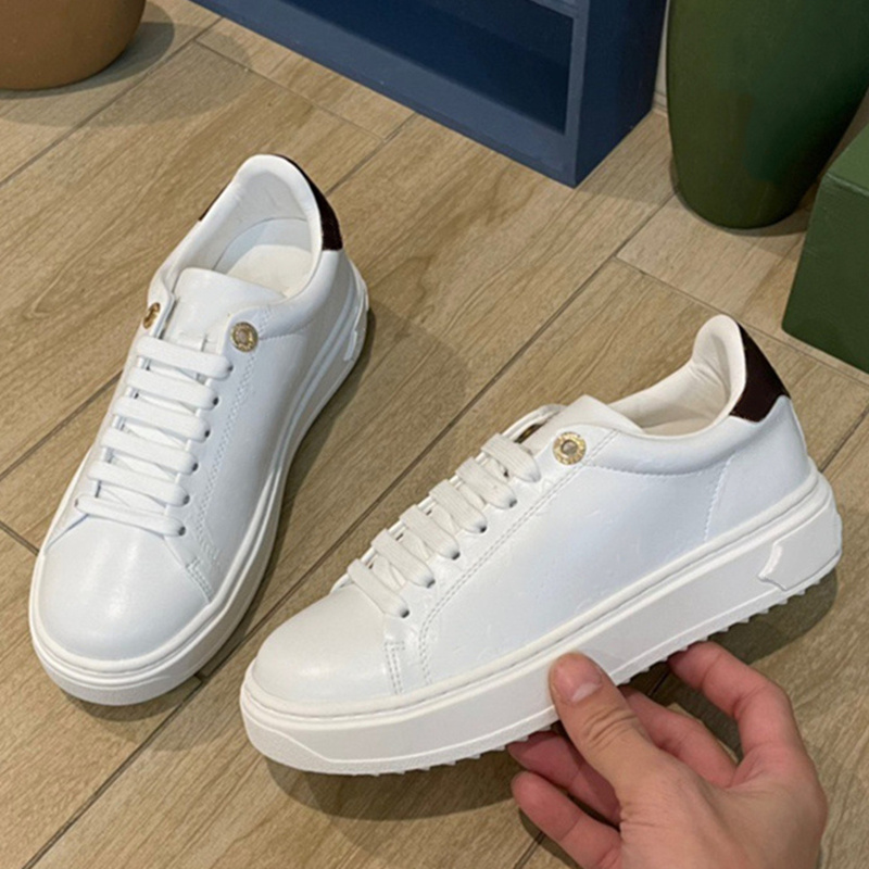 

Top Quality Women Luxurys Designers Shoes White Printed Calf Leather Casual Shoe Trainers Pink Blue Runner Time Out 35-41, Box