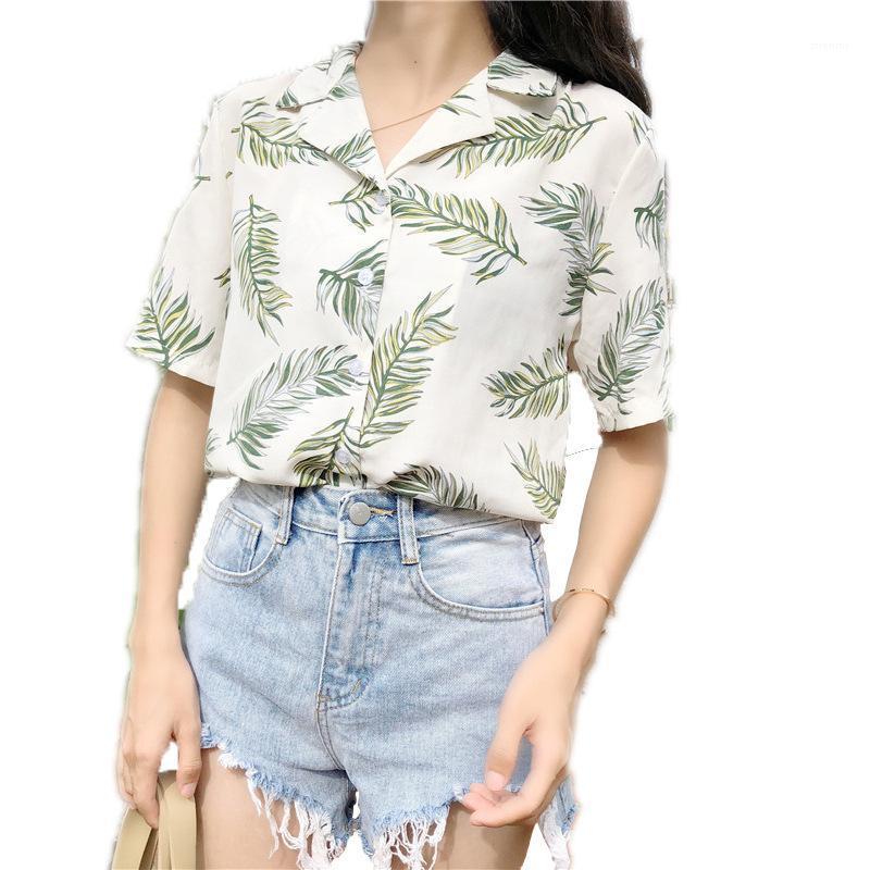 

Summer Women Hawaiian Blouses Top Leaf Print Loose Chiffon Blouse Shirts Girl Casual Holiday Beach Blusas 2022 Women's &, Black