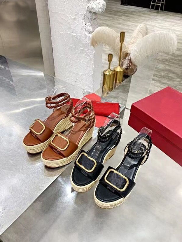 

Simple 100% grass woven women's slope heel sandals fashion diamond stitched leather 8.5cm high size 35-40, Black