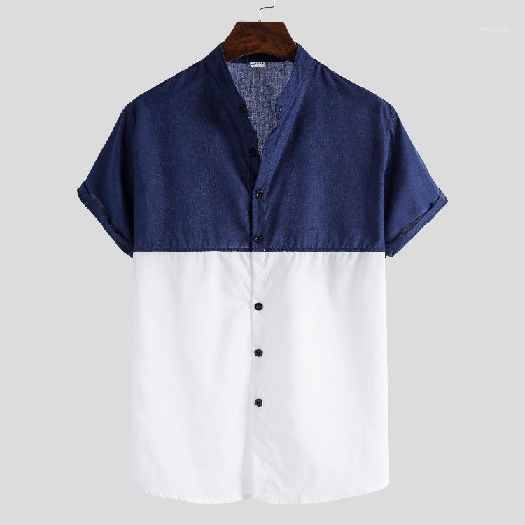

Men's Short-sleeved All-match Simple Splicing Black And White Slim Fashion Shirt European American Sizes -XXXL Casual Shirts