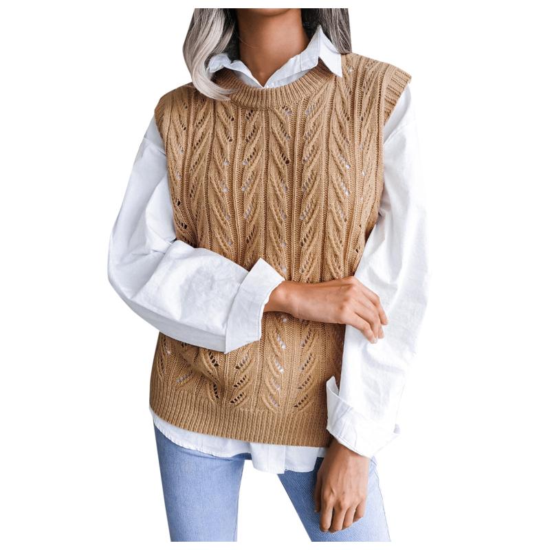 

Women' Sweaters Women' Autumn And Winter Solid Color Sweater Vest Fashion Retro Geometric Pattern Round Neck Sleeveless Pullover Knitt, Khaki