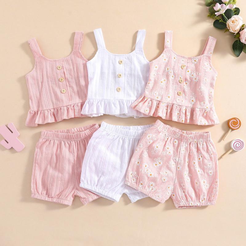 

Clothing Sets Baby Girls Outfit Solid Color/Floral Buttons Sleeveless Tank Tops Shorts For Toddlers 0-24 MonthsClothing