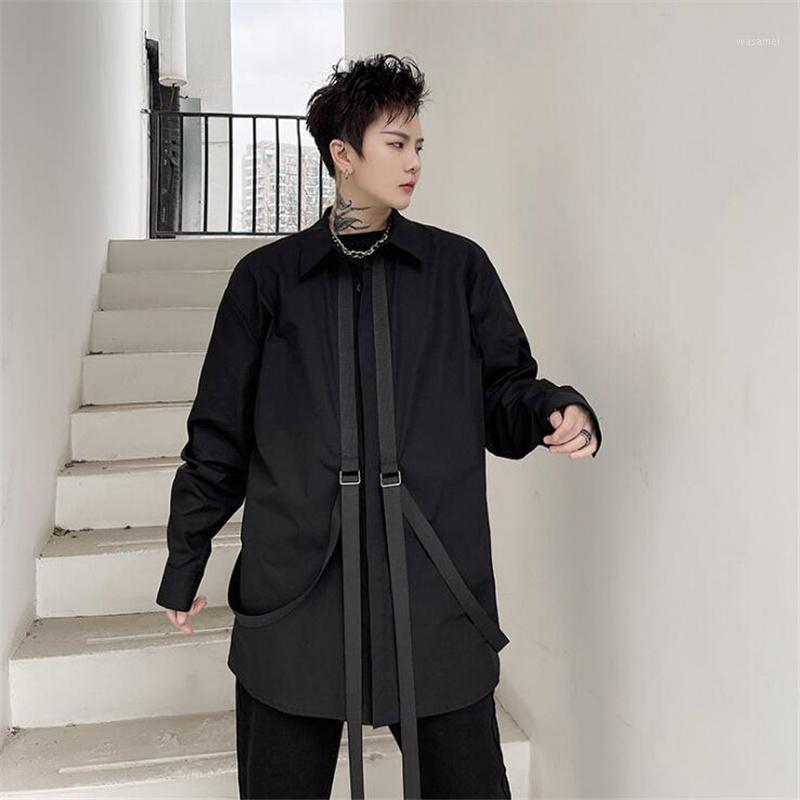 

Men's Casual Shirts Black Ribbons Long Sleeve Harajuku Loose Blouses Korean Fashion Streetwear