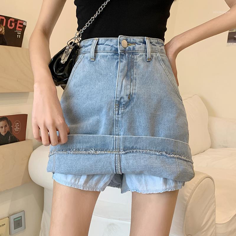 

Skirts High Quality Denim Shorts Summer Girls Jeans Waist A-line Blue Skirt Women Korea Plus Size Clothing Fashion 4xl 5xl, Sky blue