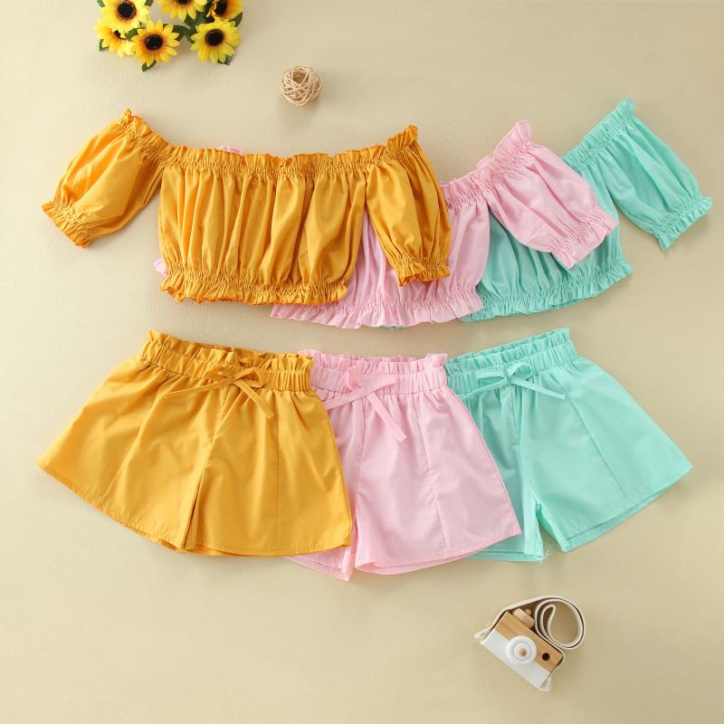 

Clothing Sets Toddler Girls Suit Kids Set Summer Short Sleeve Solid Off Shoulder Ruffle T Shirt Tops Bow Shorts Casual 2PCSClothing, Ye