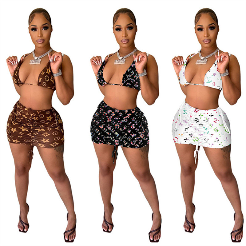 

3pcs Set Women Swimwear Classic Letter Bikini Suit Suspender Bra Vest Crop Top and Briefs and Skirt Swimsuit Ladies Beachwear Outfits S-2XL, Randomly mixed colors