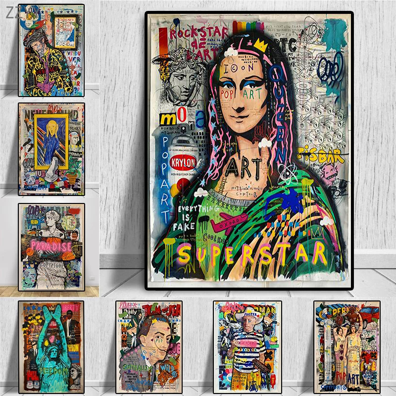 

Vintage Mona Lisa Character Graffiti Art Canvas Painting Posters and Prints Street Pop Art Wall Pictures Room Home Cuadros Decor