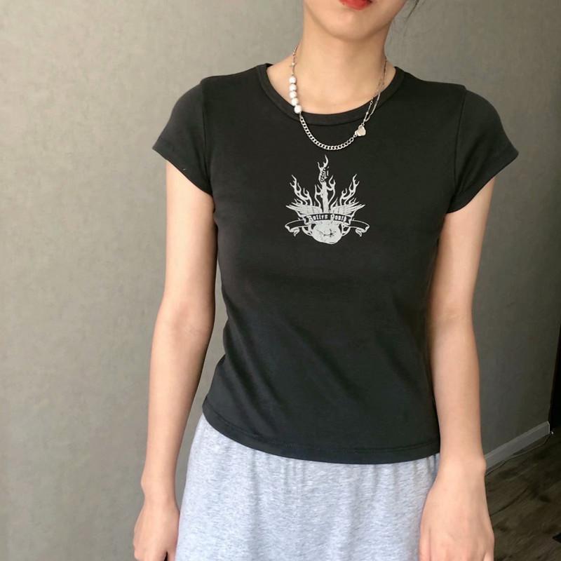 

Women's T-Shirt UNUTH Girls Soft Cotton O Neck 2022 Summer Fashion Ladies Casual Slim Female Printed Short Top, Black
