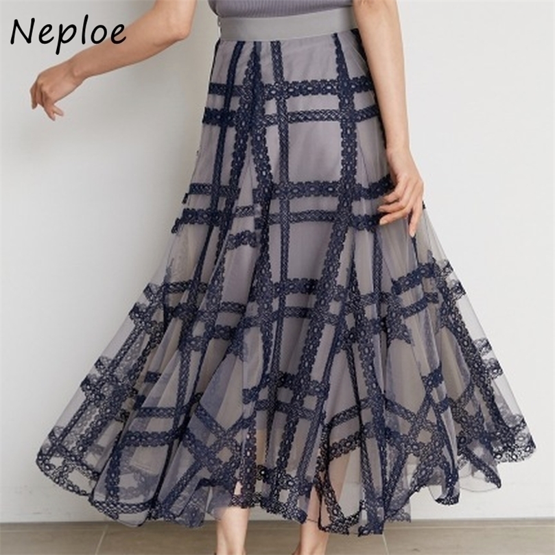 

Neploe Autumn Women Faldas High Waist Contrast Color Mid Calf Plaid Lace Ball Grown Skirt Japanese Kawaii Jupe 220401, Beige