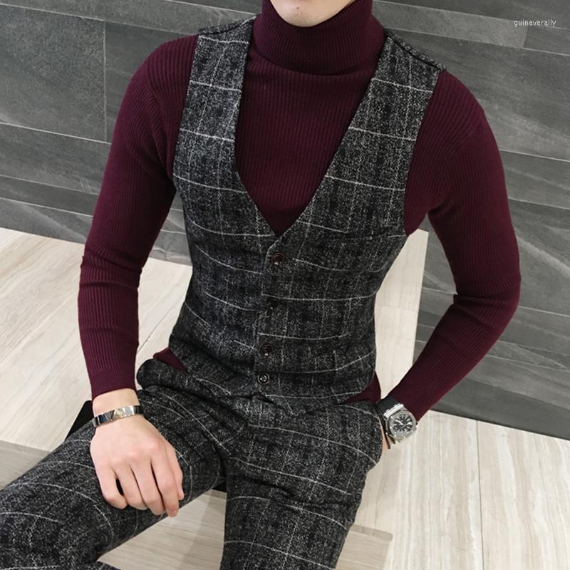 

Men's Vests 2022 Fashion Boutique Wool Plaid Formal Business Suit Wedding Dress Vest Male Outerwear Guin22, Black