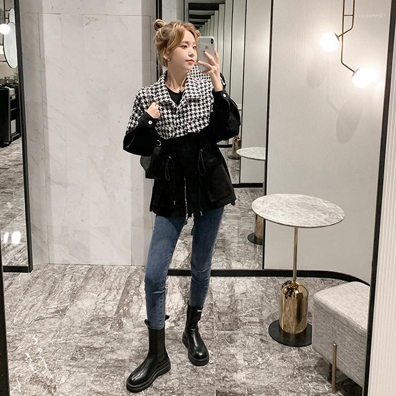 

Women's Jackets Vintage Womens Jacket Korean Fashion Houndstooth Spliced Lace-Up Female Outerwear 2022 Autumn Loose Casual Zipper Chic Lady, Black