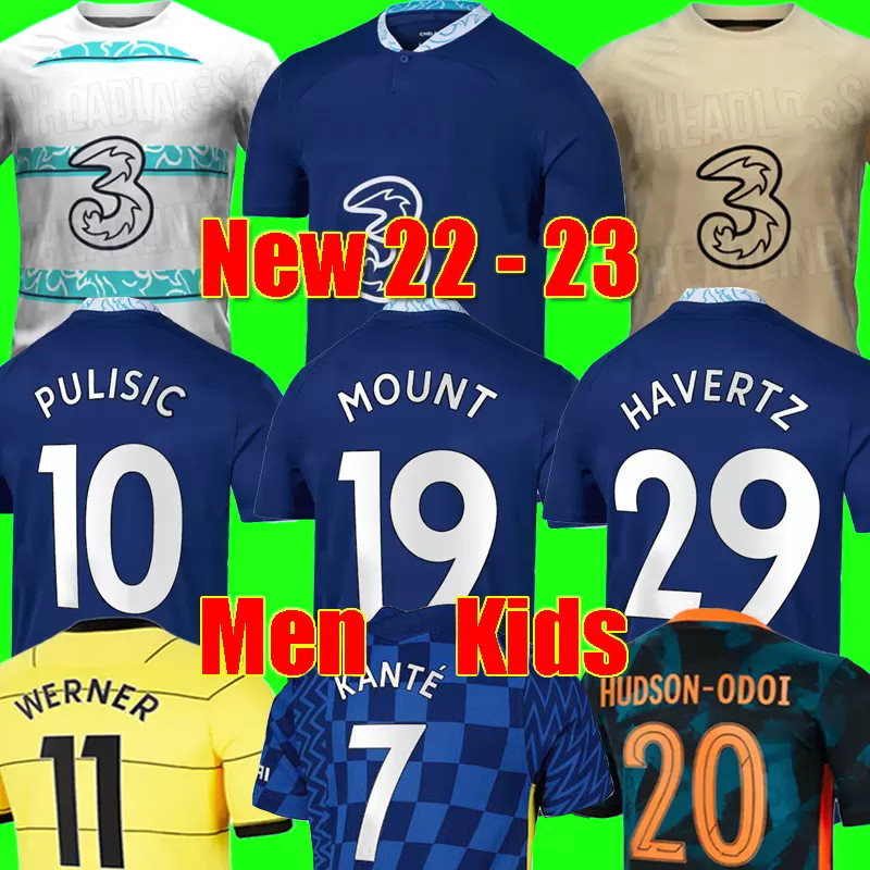 

CFC 22 23 soccer Jerseys MOUNT PULISIC LUKAKU JAMES HAVERTZ KANTE WERNER T.SILVA ZIYECH HUDSON ODOI AZPILICUETA ALONSO SAUL 2022 home away football shirt Men kids kit, 22-23 away patch