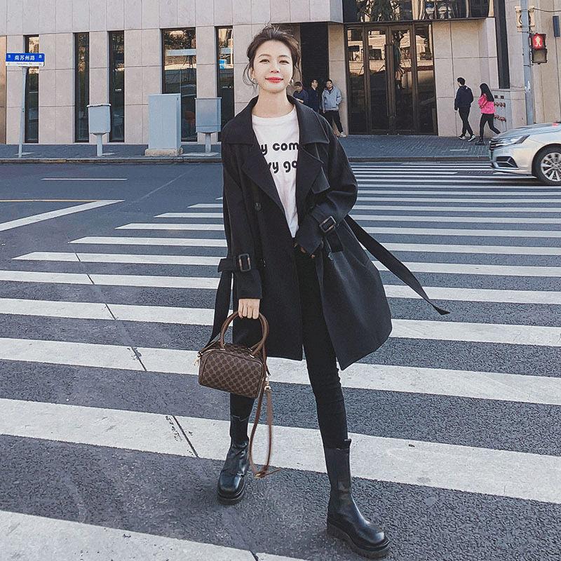 

Women' Trench Coats Spring And Autumn Windbreaker Women' 2022 Mid-Length Korean Double Breasted Loose Black Sashes Coat Tide Outerwear