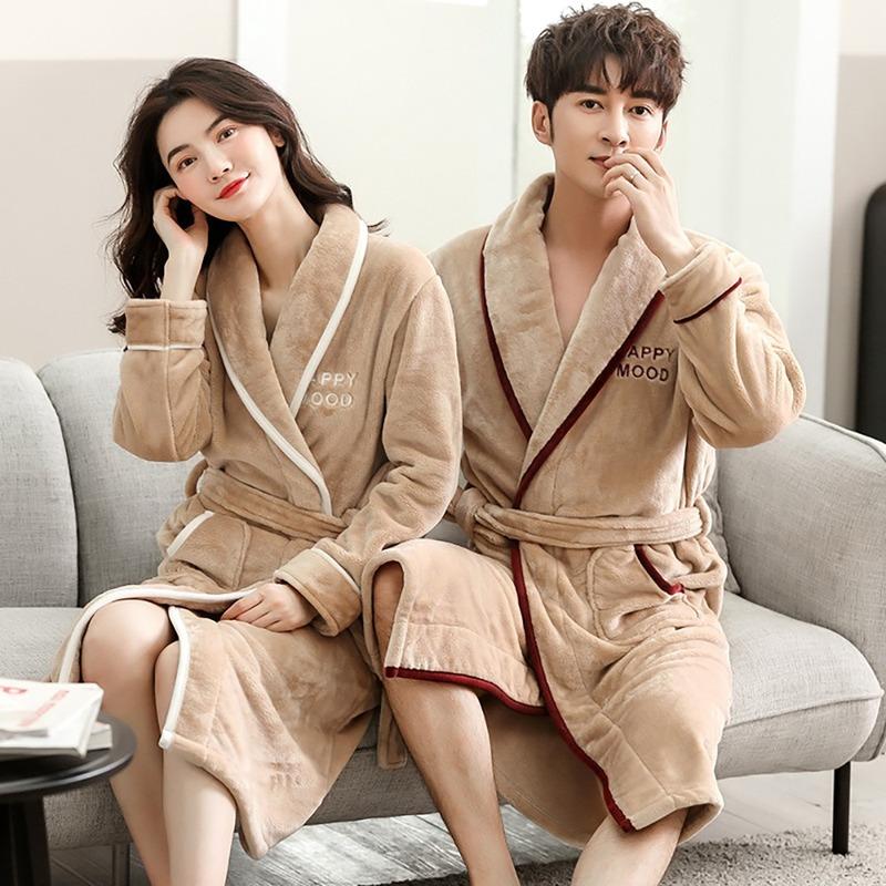 

Men's Sleepwear Winter Mens Long Robe Warm Thick Bathrobe Night Dresses Man Coral Fleece Kimono Pajama High-end Letter Embroidery Bath Robes