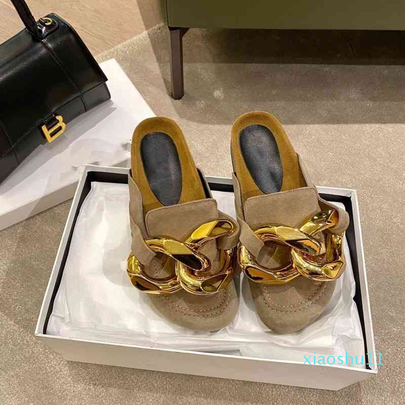 

Slippers early spring JW chain Baotou semi slippers women lazy wear Muller shoes flat bottomed round head casual single d525, 2# shoe box