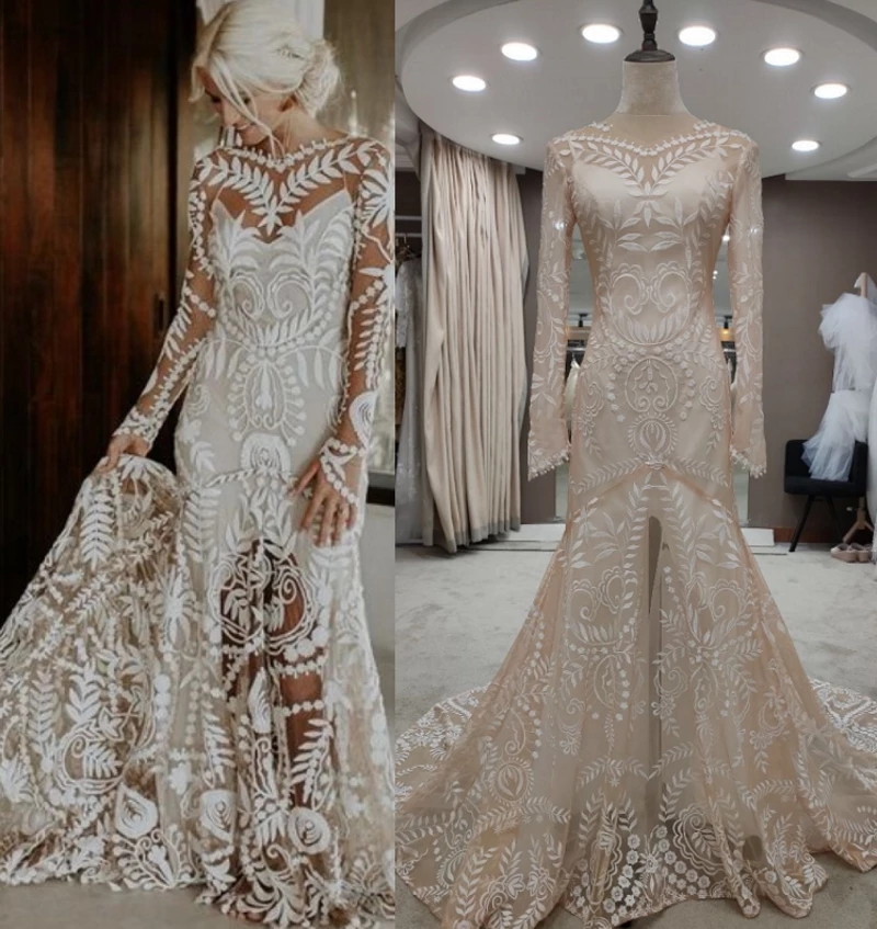Real Work Bohemian Mermaid Wedding Dresses Long Sleeve Champagne Lining Sheer Neck Beach Backless Country Bridal Gowns