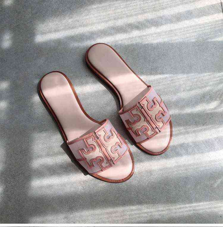 Tb Sandals 2022 Women's Korean Version Versatile Mesh Line Trawl Red Flat Slippers for Wearing Out in Summer