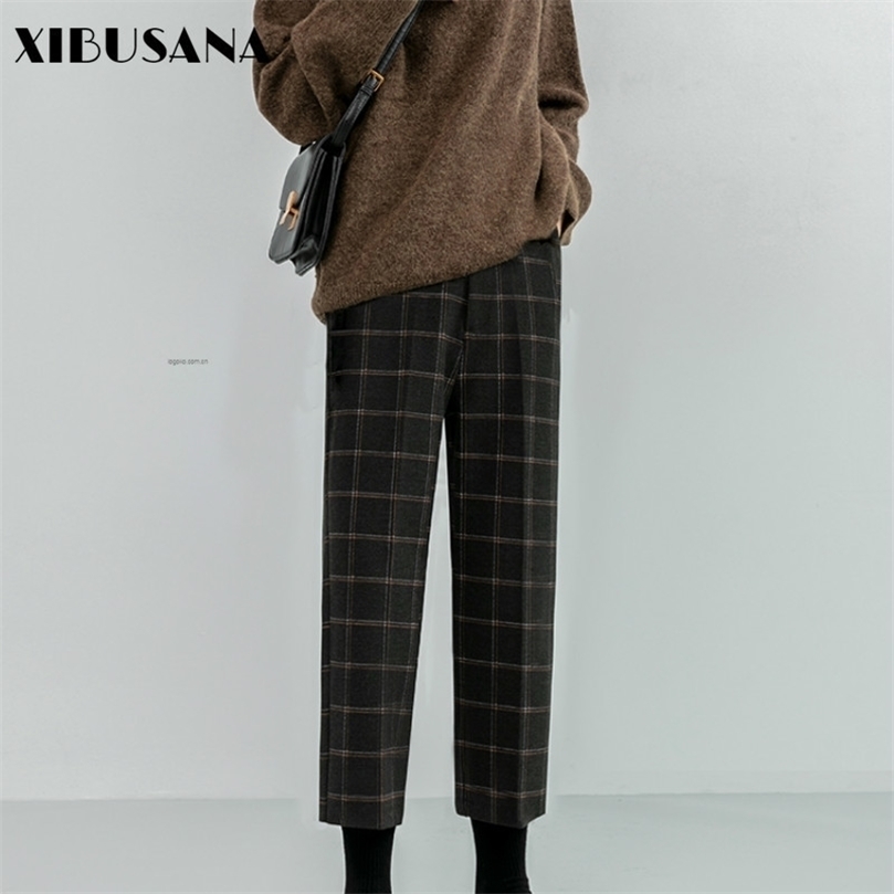 

XIBUSANA Woolen Casual Plaid Thickened Winter Women High Waist Straight Pants Loose Ankle-Length Pants Female Plus Size 3XL 201228, As the picture