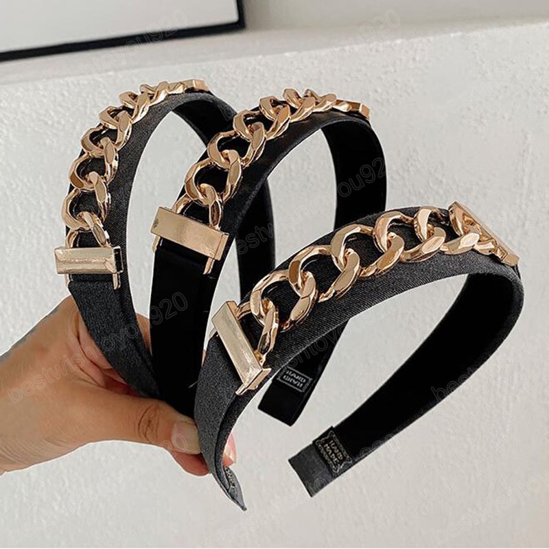 

Fashion Women Headband Wide Side Alloy Chain Hairband Punk Style Headwear Solid Color Turban Girls Hair Accessories