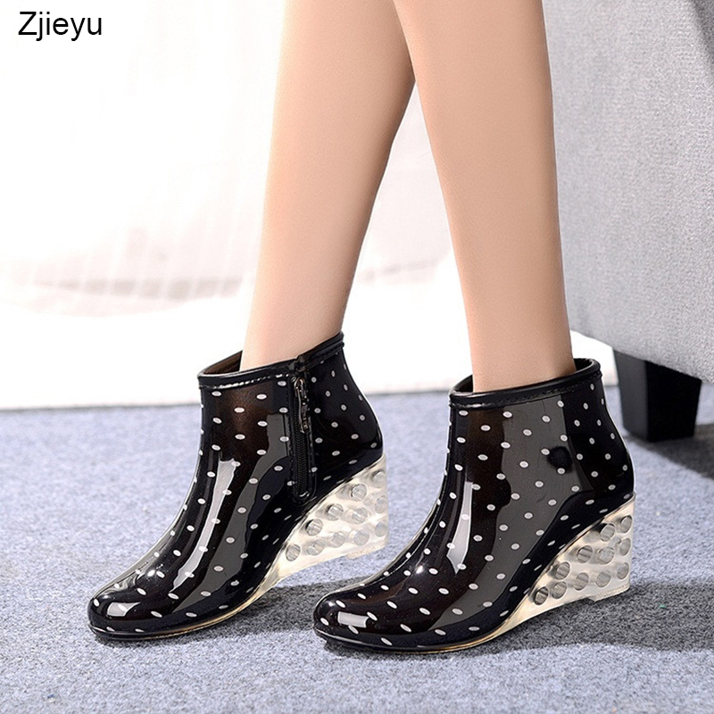 

New transparency heel rain boots women gumboots leopard print high heel galoshes rain shoes girls wellies, Black