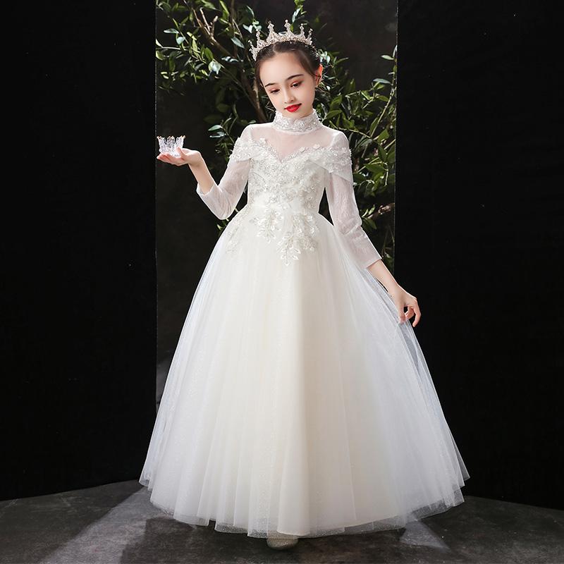 

Girl's Dresses Long Flower Girl For Wedding White Junior Bridesmaid Pirncess Puffy Tulle Kids Prom GownsGirl's