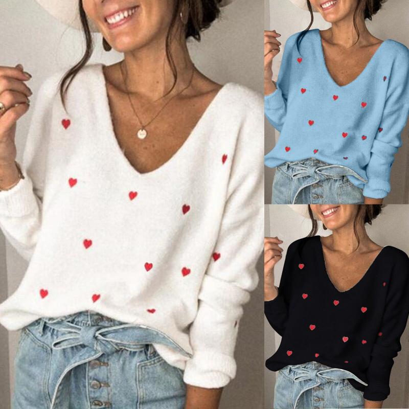 

Women' Sweaters Women Love Heart Print Long Sleeve Knitwear O Neck Casual V-neck Tops Female Plus Size Loose Top Blusas Mujer 2022 FashionW, Black